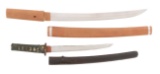 LOT OF TWO: ONE WAKIZASHI AND ONE TANTO, ONE KOTO AND THE OTHER SHIN-SHINTO, ONE IN SHIRASAYA AND ON