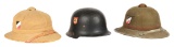 LOT OF 3: GERMAN WORLD WAR II M34 FIRE POLICE AND BOTH HEER AND KRIEGSMARINE PITH HELMETS.PITH HELME