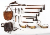 LARGE LOT OF POWDER HORNS AND MISCELLANEOUS FIELD EQUIPMENT.