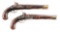 (A) LOT OF 2 PERCUSSION KENTUCKY PISTOLS WITH LEATHER HOLSTER.