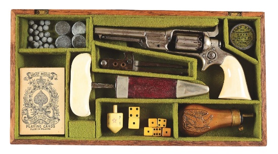(A) CASED NICKEL COLT ROOT PERCUSSION REVOLVER IN "GAMBLER'S SET" WITH PUSH DAGGER & ACCESSORIES.