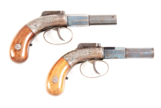 (A) CONSECUTIVE PAIR OF ALLEN AND THURBER SINGLE SHOT PERCUSSION BAR HAMMER PISTOLS.