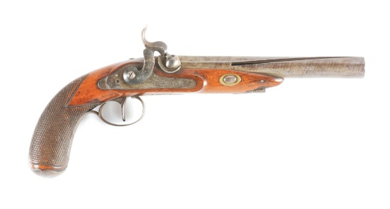 (A) CONTINENTAL PERCUSSION PISTOL CIRCA 1850 WITH OCTAGONAL TO ROUND BARREL - MODIFIED FOR ARROW SHO