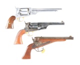(A) LOT OF THREE: WHITNEY NAVY, COLT 1860 REPRODUCTION, AND A CUSTOM PERCUSSION SINGLE SHOT PISTOL.