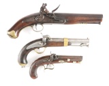 (A) LOT OF THREE: TWO PERCUSSION PISTOLS AND ONE FLINTLOCK PISTOL, ENGLISH AND FRENCH.