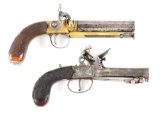 (A) LOT OF 2: PERCUSSION BELT PISTOL WITH BRASS FRAME AND BOXLOCK FLINTLOCK PISTOL WITH SNAP BAYONET