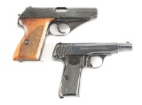 (C) LOT OF TWO: MAUSER HSC .32 ACP AND WALTHER MODEL 4 .32 ACP SEMI AUTOMATIC PISTOLS WITH HOLSTERS.