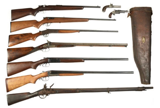 (C) LARGE LOT OF 9 BOLT ACTION RIFLES, SHOTGUNS, REVOLVER, PERCUSSION PISTOL AND ONE LEATHER GUN CAS