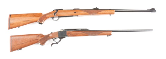 (M) LOT OF TWO: RUGER M77 IN .458 WIN MAG AND RUGER NO. 1 IN 7X57 WITH BOX.