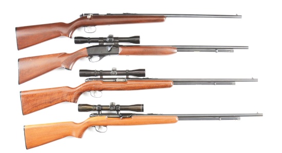 (M+C) LOT OF 4 REMINGTON RIMFIRE RIFLES, 3 WITH SCOPES.