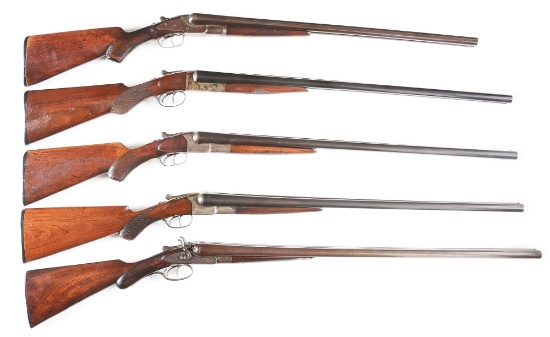 (C) LOT OF FIVE: SIDE BY SIDE HAMMERLESS SHOTGUNS, FOUR TRYONS AND ONE KEYSTONE ARMS.