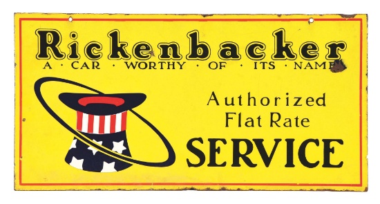 RICKENBACKER AUTOMOBILES AUTHORIZED SERVICE PORCELAIN SIGN W/ HAT GRAPHIC.
