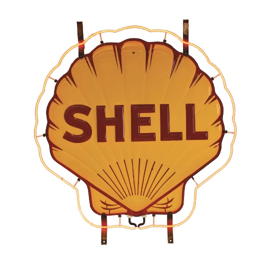 OUTSTANDING SHELL GASOLINE TWO PIECE PORCELAIN NEON SIGN.