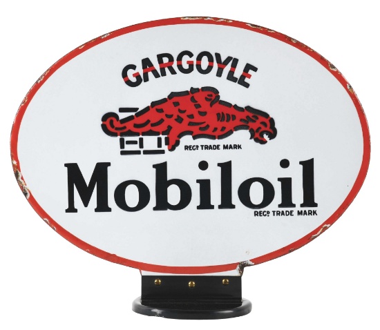 GARGOYLE MOBILOIL PORCELAIN CABINET SIGN W/ GARGOYLE GRAPHIC.