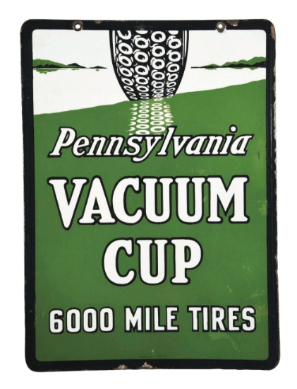 PENNSYLVANIA VACUUM CUP 6000 MILE TIRES PORCELAIN SIGN W/ TIRE GRAPHIC.