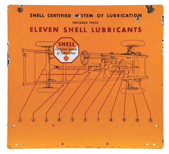 SHELL CERTIFIED SYSTEM OF LUBRICATION PORCELAIN SERVICE STATION SIGN W/ CAR CHASSIS GRAPHIC.