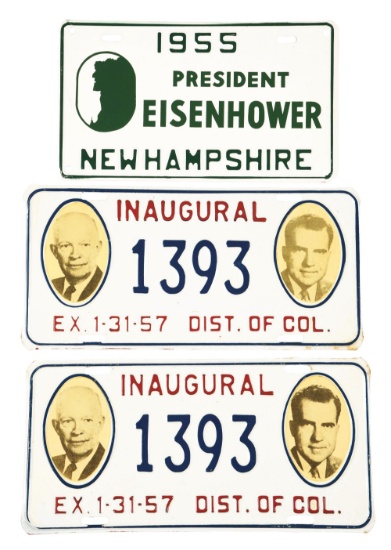 GROUP OF 3 INAUGURAL AND COMMEMORATIVE LICENSE PLATES.