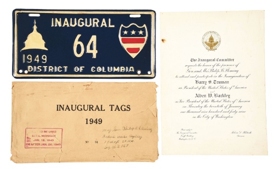 1949 PRESIDENTIAL INAUGURATION LICENSE PLATE WITH ENVELOPE AND INVITATION.