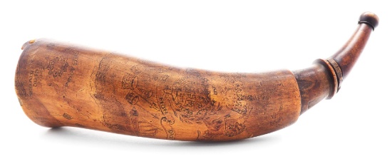 RARE "PITSBOURG" ENGRAVED MAP POWDER HORN WITH BRITISH CREST, ATTRIBUTED TO THE POINTED TREE CARVER.