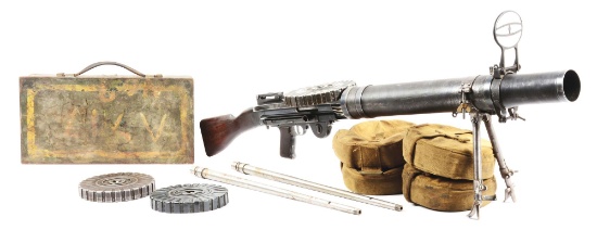 (N) EXCEPTIONAL BRITISH LEWIS MODEL OF 1914 MACHINE GUN WITH PAN MAGAZINES IN ORIGINAL CANVAS CARRIE