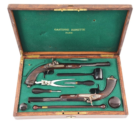 (A) CASED PAIR OF GASTINNE RENETTE PERCUSSION PISTOLS.