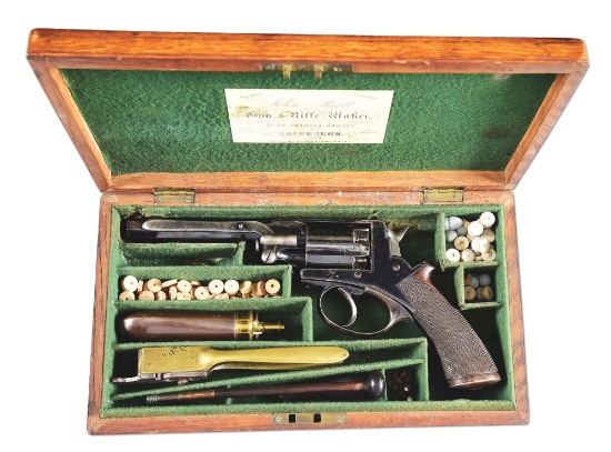 (A) ADAMS PATENT DOUBLE ACTION .450 CALIBER REVOLVER WITH JOHN PRATT RETAILER CASE.