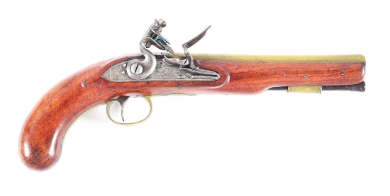 (A) A .65 CALIBER BRASS BARREL FLINTLOCK PISTOL, LIKELY BRITISH.