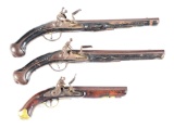 A FLINTLOCK BRASS BARRELLED BLUNDERBUSS PISTOL BY NOCK, 3inch two-stage  barrel with flared muzzle, border engraved action decorated with stands of  arms and signed H.NOCK LONDON, sliding safety, chequered wooden butt. Cock