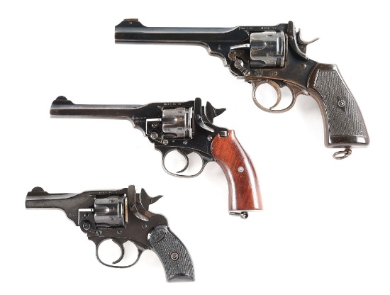 (C) LOT OF THREE: THREE WEBLEY REVOLVERS COMPRISING A MARK VI, A SINGAPORE POLICE MARK IV, AND A MAR