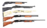 (M) LOT OF FIVE: FIVE 12 GAUGE SLIDE ACTION SHOTGUNS, FOUR MOSSBERGS AND ONE AMERICAN TACTICAL.