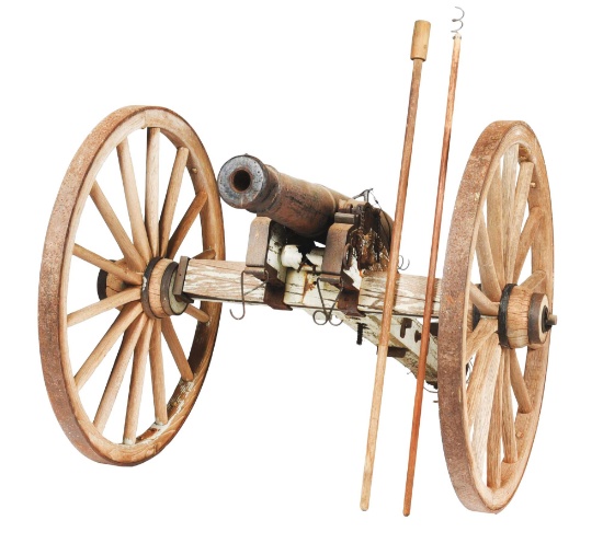 LARGE 19TH CENTURY STYLE PERCUSSION CANNON WITH ACCESSORIES.