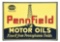 OUTSTANDING PENNFIELD MOTOR OILS EMBOSSED TIN SIGN W/ OIL DERRICK GRAPHIC.