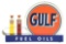 RARE GULF FUEL OILS TIN COUNTERTOP DISPLAY SIGN W/ GLASS SAMPLE OIL BOTTLES.
