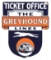 THE GREYHOUND LINES TICKET OFFICE DIE CUT PORCELAIN SIGN W/ DOG & BUD GRAPHIC.