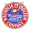 MAGNOLIA PETROLEUM & MAGNOLENE MOTOR OILS PORCELAIN CURB SIGN W/ ORIGINAL RING.