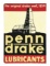 PENN DRAKE LUBRICANTS TIN SERVICE STATION FLANGE SIGN W/ REFLECTIVE PAINT LETTERING.
