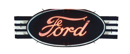 FORD MOTOR CARS PORCELAIN OVAL NEON SIGN W/ PORCELAIN WING ATTACHMENTS.