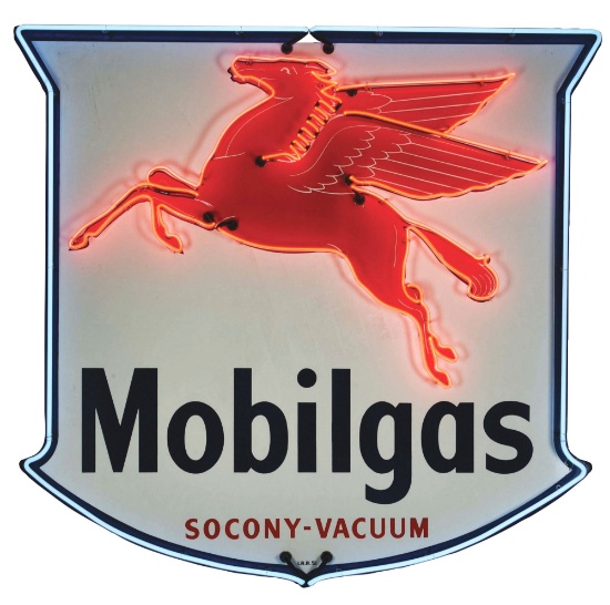 OUTSTANDING MOBILGAS PORCELAIN NEON SHIELD SIGN W/ PEGASUS GRAPHIC.