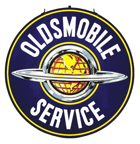 OUTSTANDING OLDSMOBILE SERVICE PORCELAIN SIGN W/ GLOBE GRAPHIC.