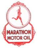 MARATHON MOTOR OIL DIE CUT PORCELAIN SERVICE STATION SIGN W/ RUNNING MAN GRAPHIC.