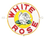 WHITE ROSE GASOLINE PORCELAIN SIGN W/ ORIGINAL METAL RING & HANGERS.