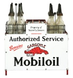 OUTSTANDING MOBIL GARGOYLE MOTOR OIL AUTHORIZED SERVICE STATION OIL BOTTLE RACK W/ GLASS BOTTLES.