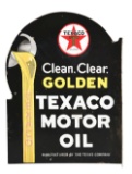 TEXACO CLEAN, CLEAR & GOLDEN MOTOR OIL PORCELAIN FLANGE SIGN.