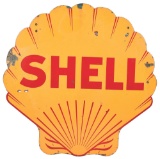 SHELL GASOLINE DIE CUT PORCELAIN SERVICE STATION SIGN.