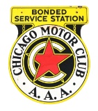 CHICAGO MOTOR CLUB BONDED SERVICE STATION DIE CUT PORCELAIN SIGN.