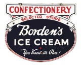 BORDEN'S ICE CREAM DIE CUT PORCELAIN SIGN W/ CONFECTIONERY PRIVILEGE PANEL.