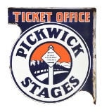RARE PICKWICK STAGES TICKET OFFICE PORCELAIN FLANGE SIGN W/ HIGHWAY GRAPHIC.