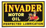 RARE & OUTSTANDING INVADER MOTOR OIL EMBOSSED TIN SIGN W/ KNIGHT GRAPHIC.
