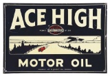 RARE ACE HIGH MOTOR OIL EMBOSSED TIN SERVICE STATION SIGN W/ CAR & AIRPLANE GRAPHIC.