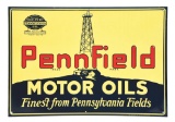 OUTSTANDING PENNFIELD MOTOR OILS EMBOSSED TIN SIGN W/ OIL DERRICK GRAPHIC.
